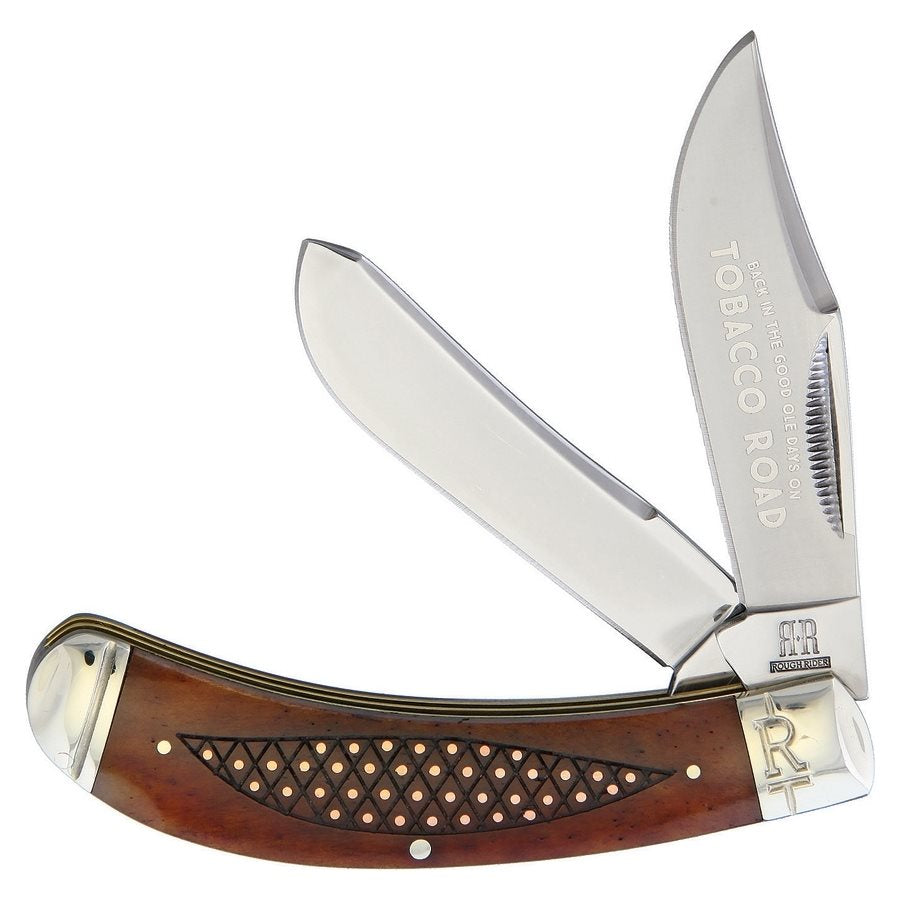 Navaja de bolsillo TOBACCO ROAD BOW con mango de hueso, detalles en latón y dos hojas de acero inoxidable 440A