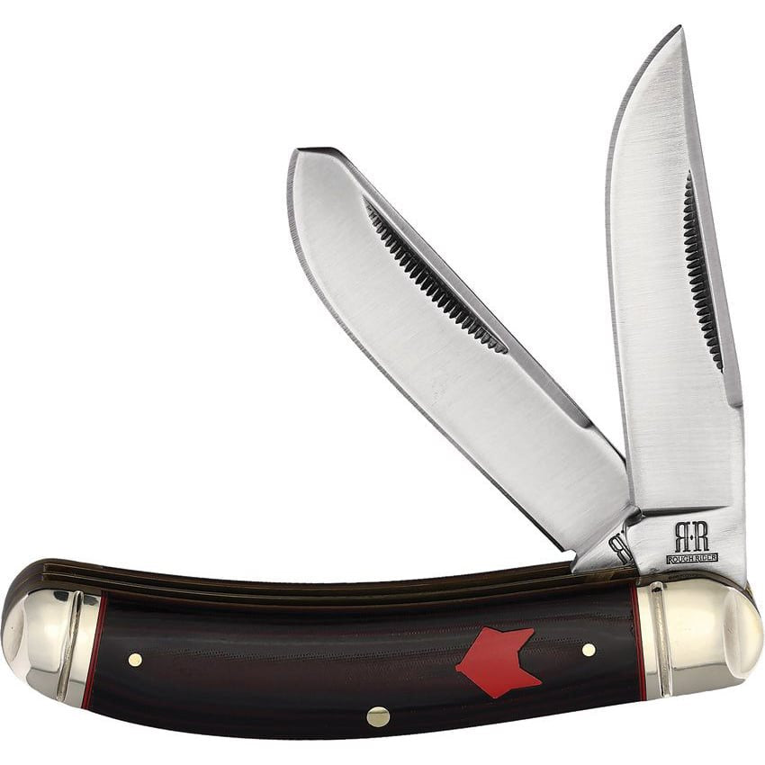 Navaja plegable con dos hojas de acero inoxidable y mango de micarta con logo de zorro rojo