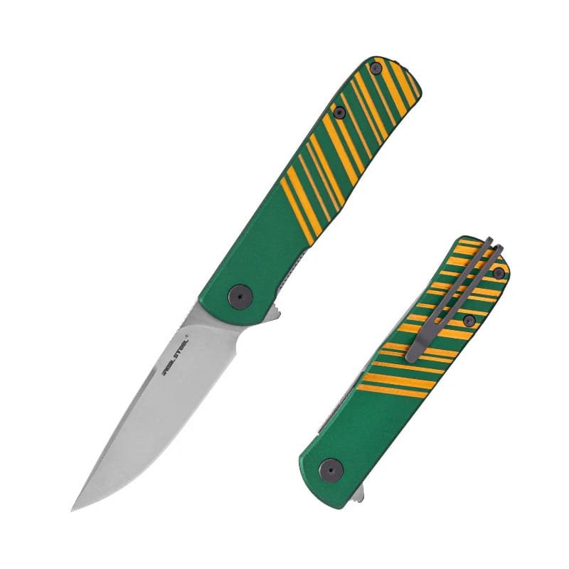 Navaja KARLY verde y dorada, hoja lisa y diseño compacto