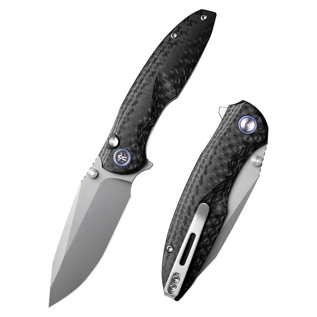 Cuchillo plegable COOL WHALE con hoja Drop Point Sandvik 14C28N y cachas G10, funda de nailon negra