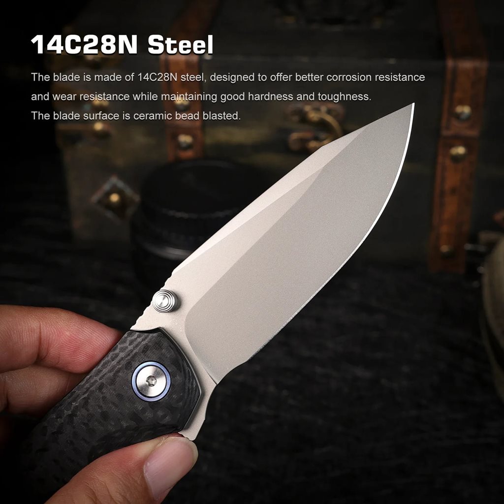 Cuchillo plegable COOL WHALE con hoja Drop Point Sandvik 14C28N y cachas G10, funda de nailon negra