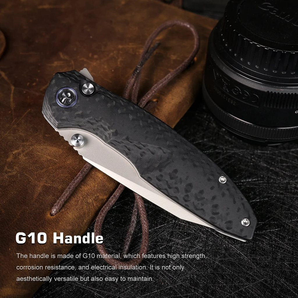 Cuchillo plegable COOL WHALE con hoja Drop Point Sandvik 14C28N y cachas G10, funda de nailon negra