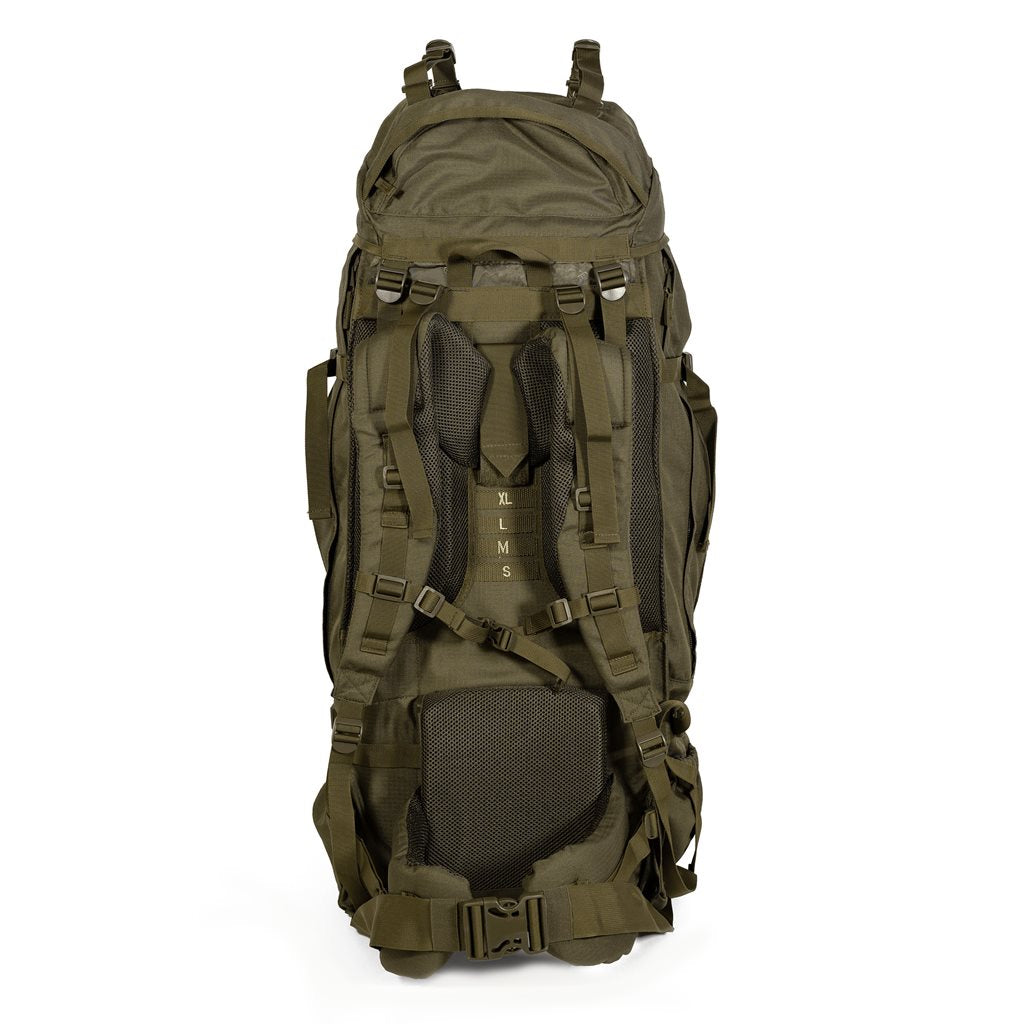 Mochila trekking XXL 104 L verde con refuerzo interno, sistema de espalda ajustable y dos compartimentos