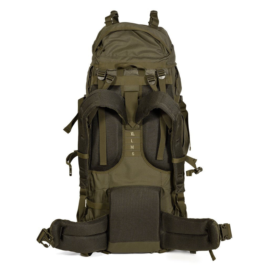Mochila trekking XXL 104 L verde con refuerzo interno, sistema de espalda ajustable y dos compartimentos