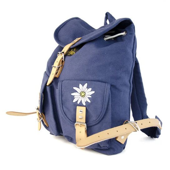 Mochila Edelweiss azul 6,5 L en lona de algodón con bordado y correas de cuero