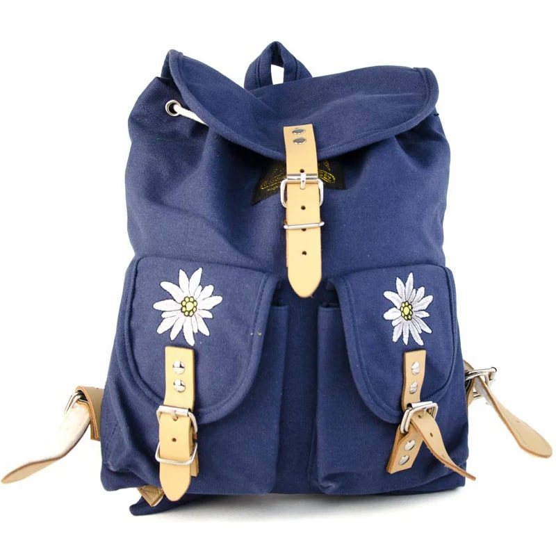 Mochila Edelweiss azul 6,5 L en lona de algodón con bordado y correas de cuero