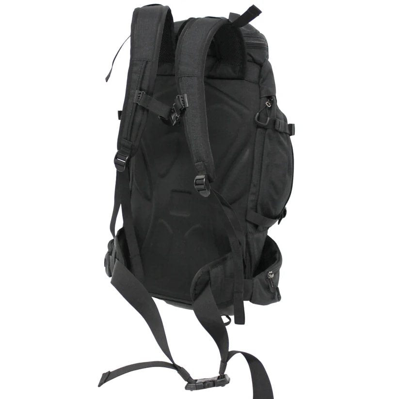 Mochila ALPINE 33L verde con acceso superior y lateral, bolsillos exteriores y espalda de EVA