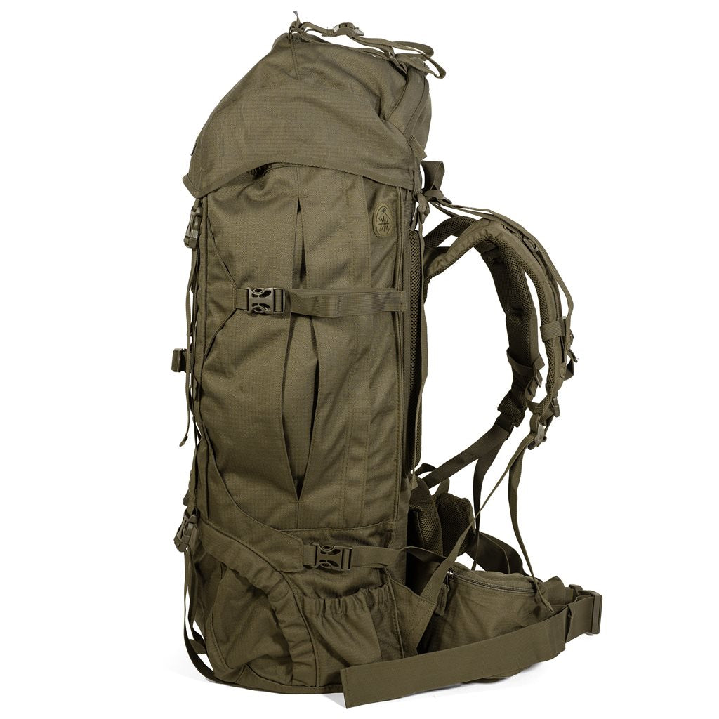 Mochila trekking 85L verde, doble compartimento con sistema dorsal ajustable