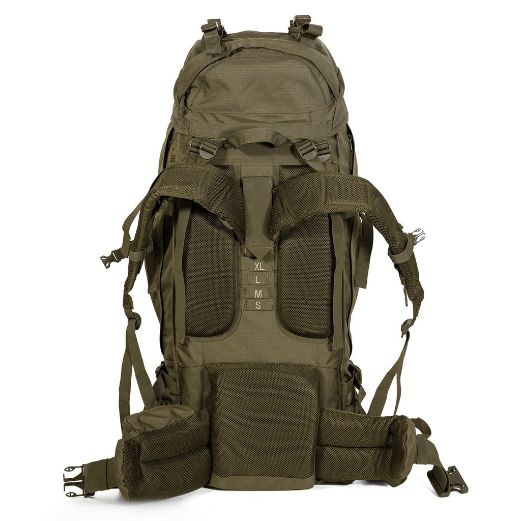 Mochila trekking 85L verde, doble compartimento con sistema dorsal ajustable