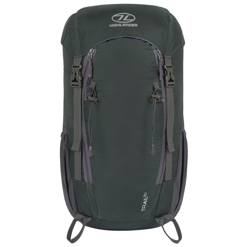 Mochila Trail 30 L para mujer negra en nylon 210D con funda de lluvia contrastante