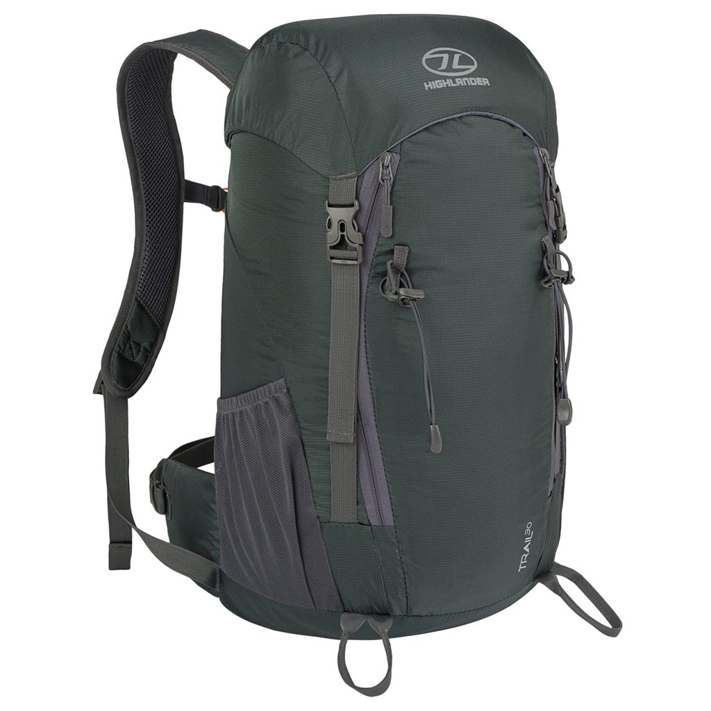 Mochila Trail 30 L para mujer negra en nylon 210D con funda de lluvia contrastante