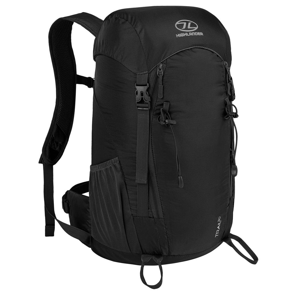 Mochila Trail 30 L para mujer negra en nylon 210D con funda de lluvia contrastante