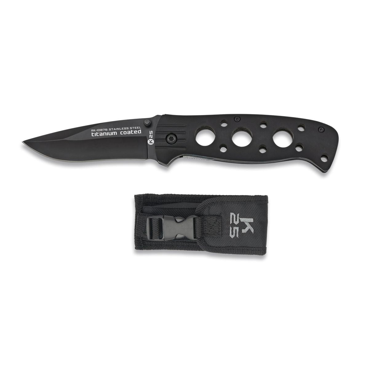 Navaja plegable RUI 10876 negra, hoja inox con recubrimiento de titanio y mango metálico perforado