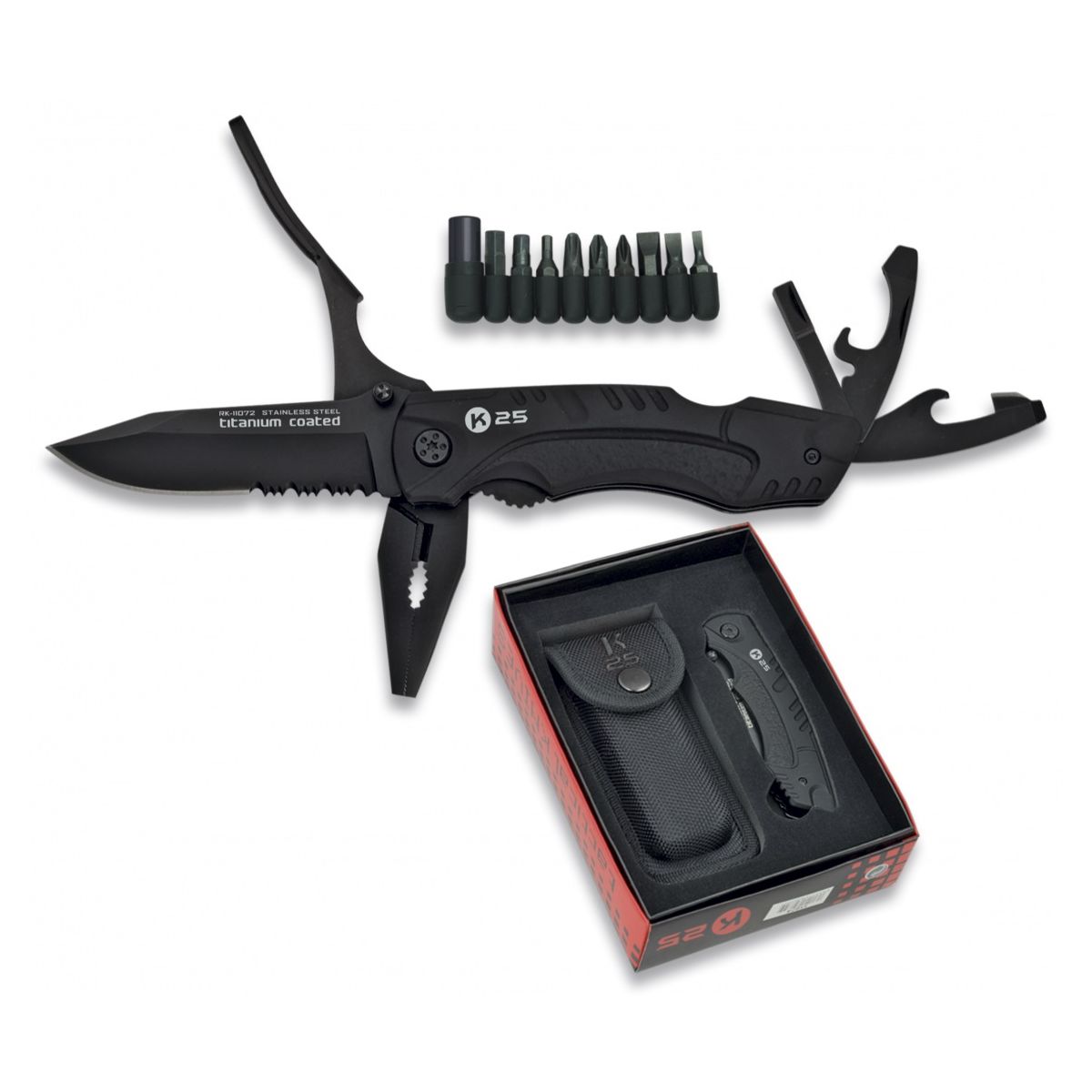 Navaja herramienta TACTICA TOOLS K25 negra con alicates, hoja combinada, abridores y set de bits