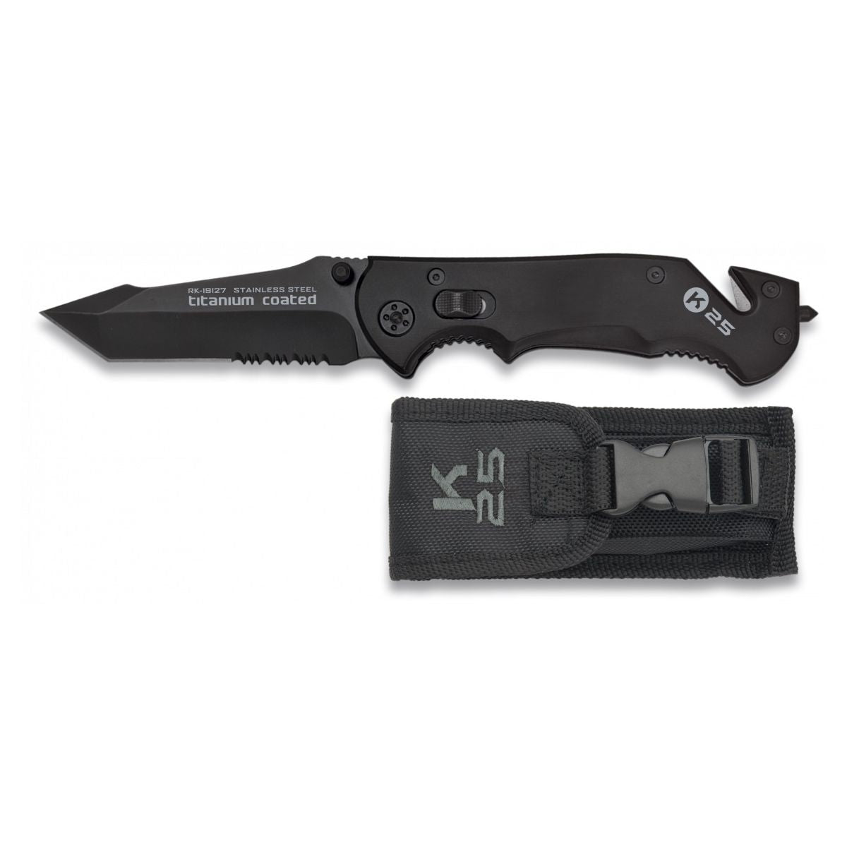 Navaja plegable Rui Tactical 19127 negra con hoja 7Cr17MoV y cortacinturones
