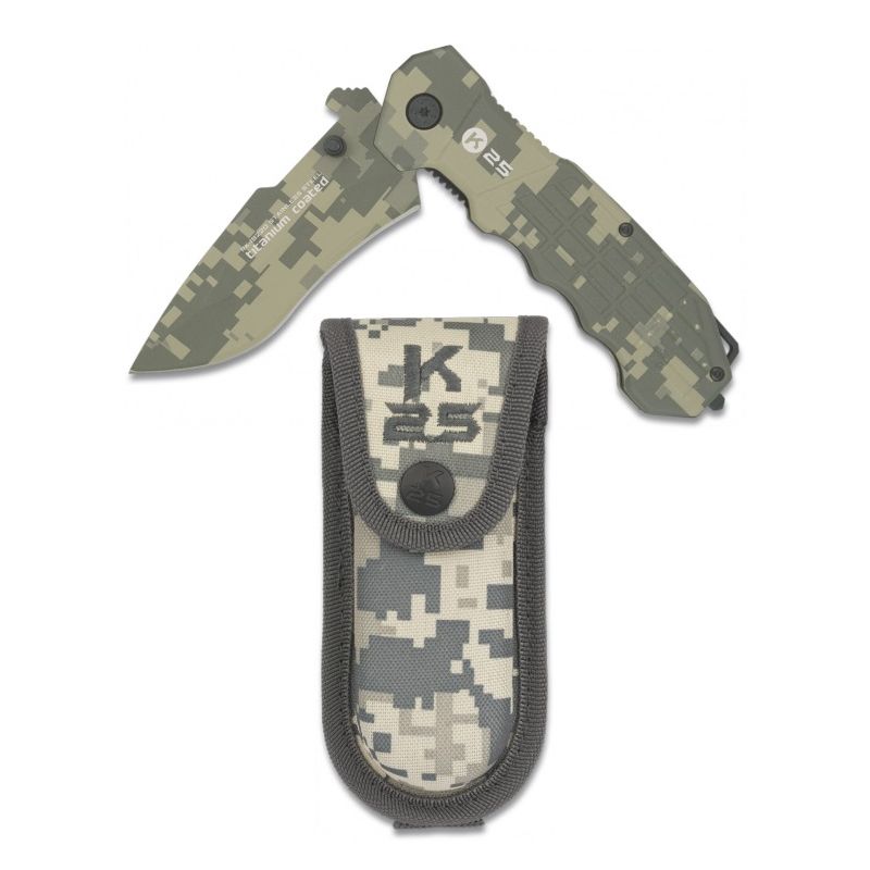 Navaja plegable K25 19220 Tactical ACU DIGITAL — hoja acero 440 con recubrimiento titanio, mango goma con rompecristales