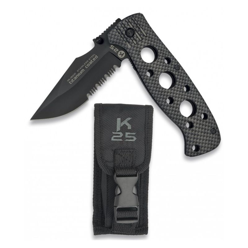 Navaja plegable K25 19221 negra con hoja de acero 7Cr17Mov y empuñadura rubber coated con rompecristales