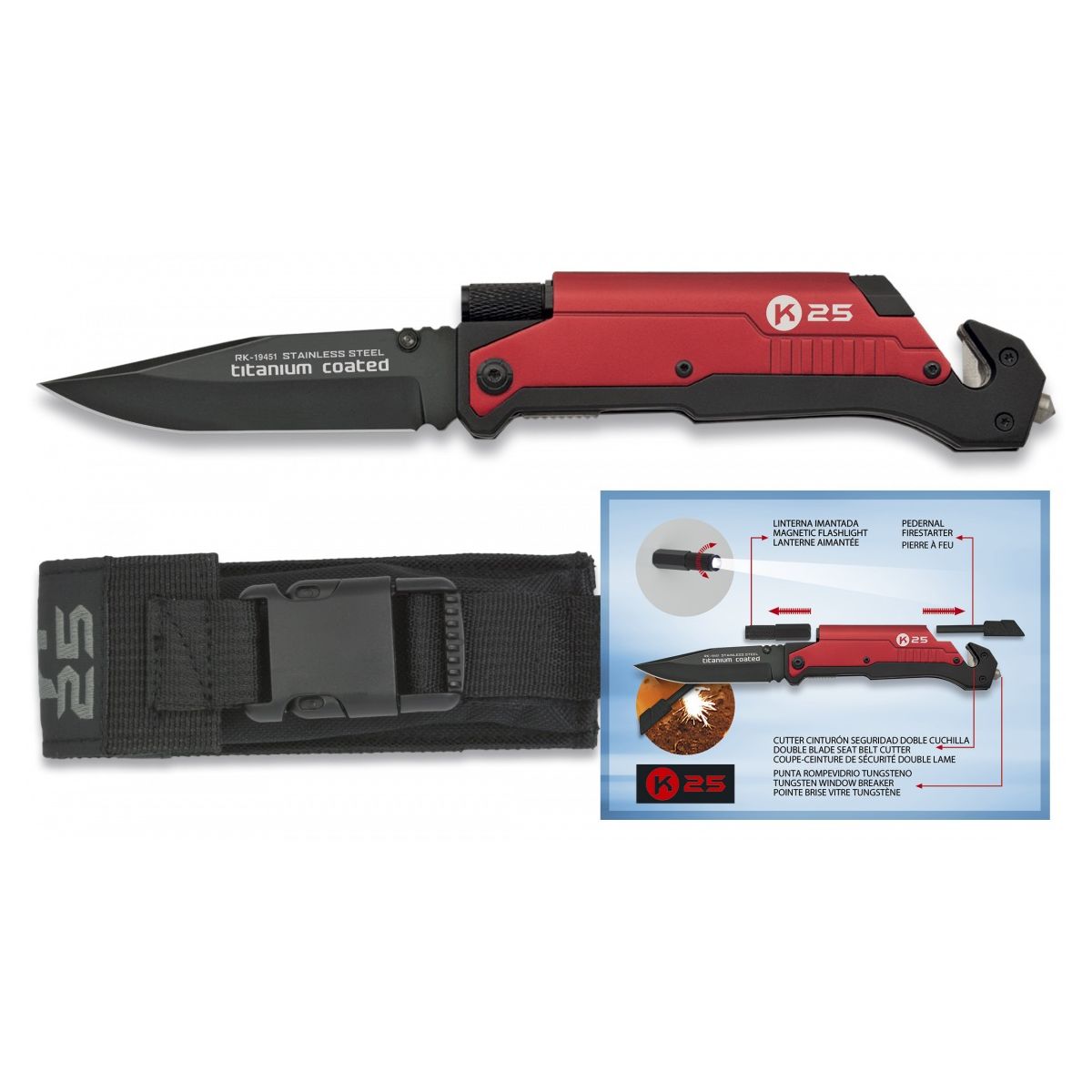 Cuchillo de rescate 19451 en rojo con linterna integrada y pedernal