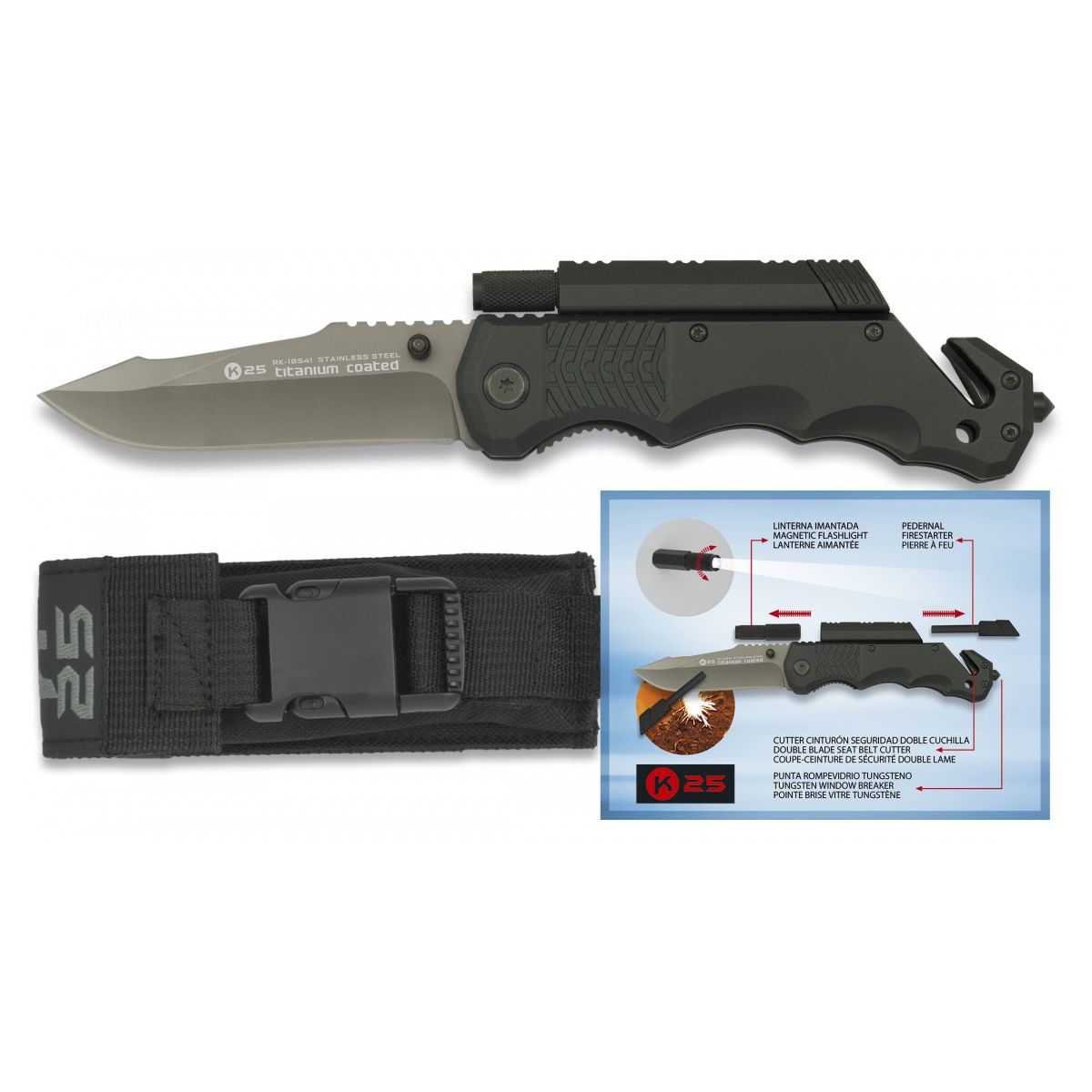 Navaja de rescate K25 Tactical negra con linterna y pedernal, hoja inox con recubrimiento de titanio