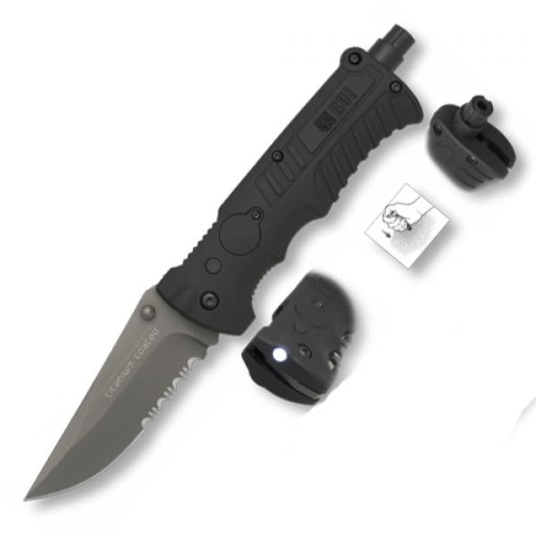 Navaja abatible K25 negra con linterna y funda de nylon