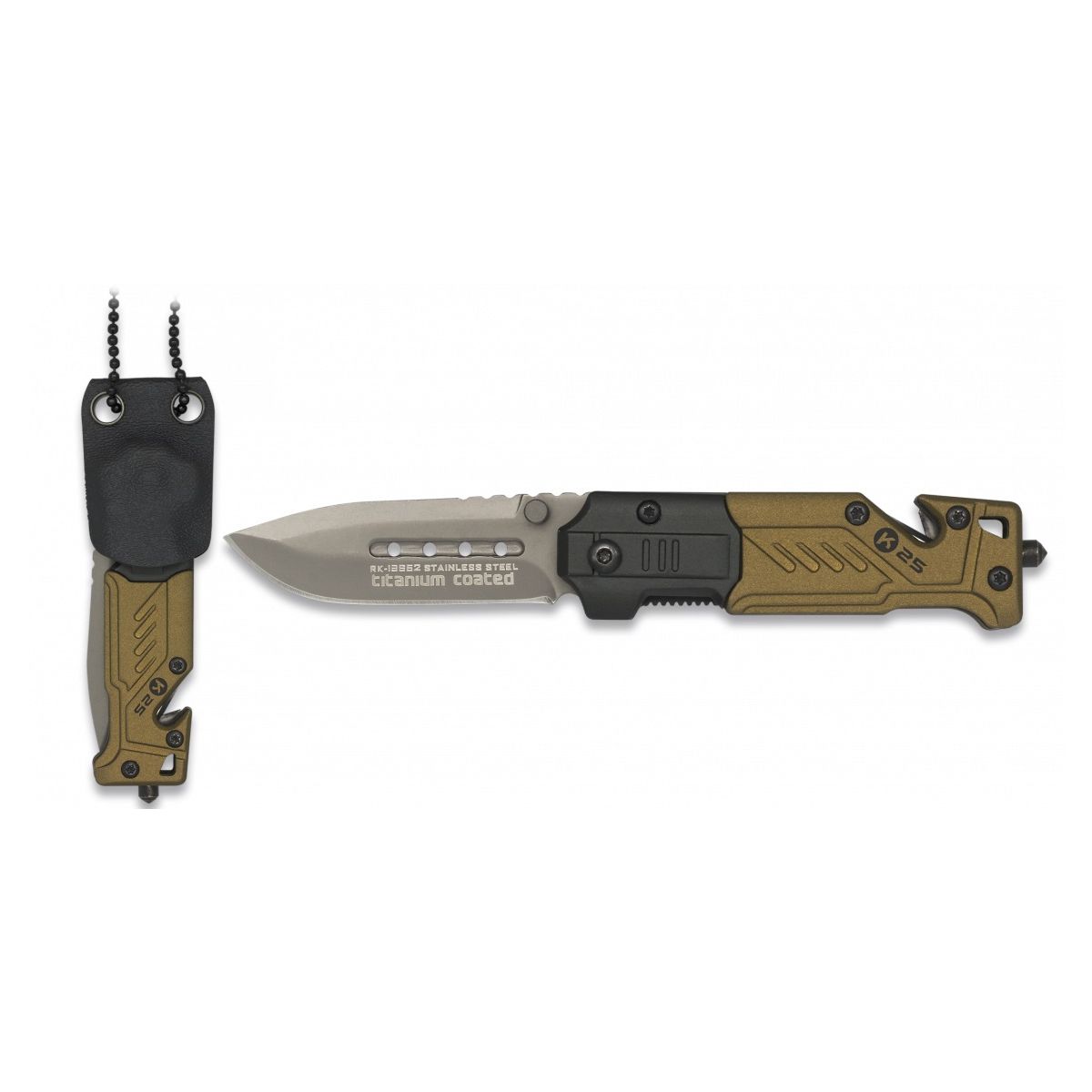 Navaja plegable K25 19652 khaki con funda kydex para cuello
