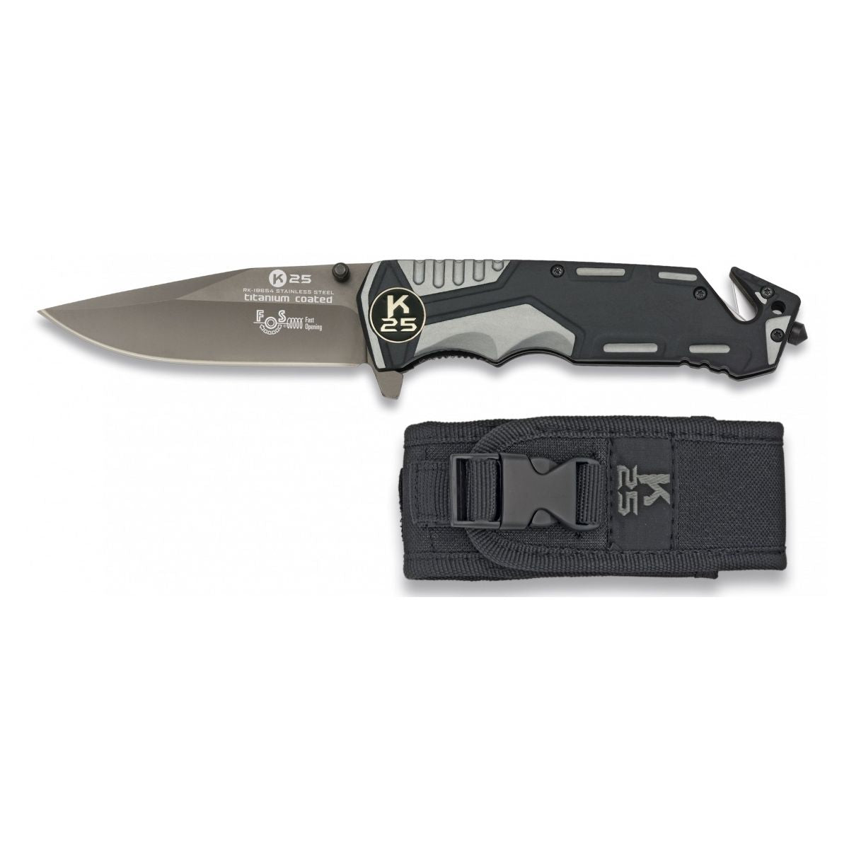Navaja táctica K25 19654-A plegable negro y gris con hoja inox recubierta de titanio