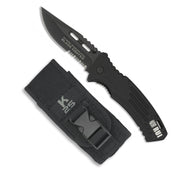 Cuchillo plegable K25 negro con hoja recubierta de titanio y empuñadura de aluminio recubierta de goma