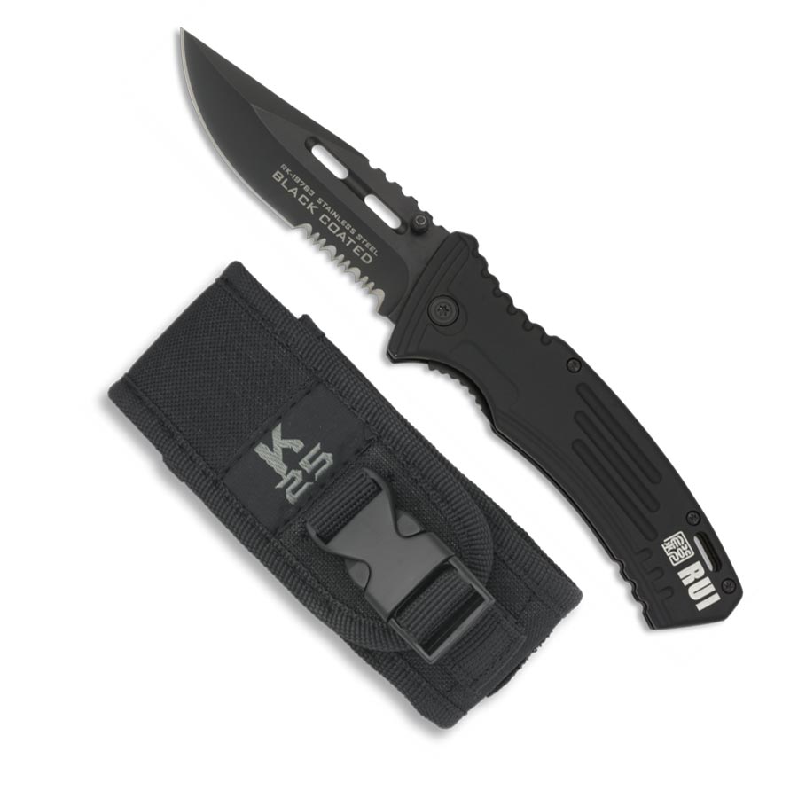 Cuchillo plegable K25 negro con hoja recubierta de titanio y empuñadura de aluminio recubierta de goma