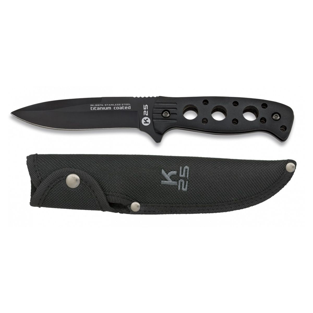Cuchillo TACTICO K25 31574 con hoja titanizada y funda de nylon