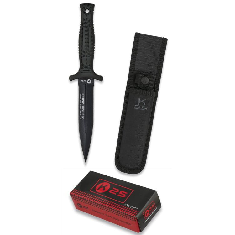 Cuchillo táctico RUI K25 daga negra con hoja de acero inoxidable titanada y empuñadura gomada