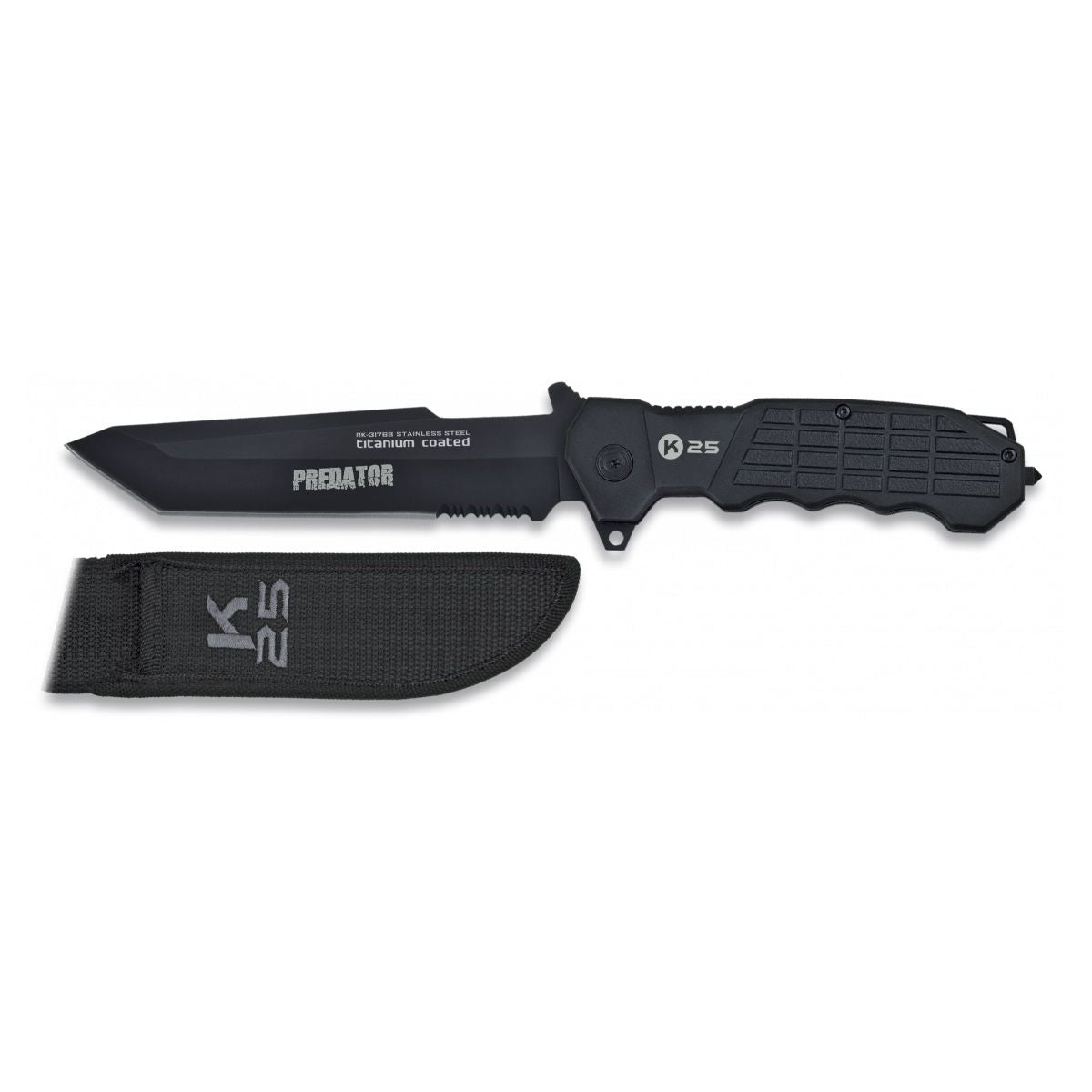 Cuchillo Predator K25 negro, hoja inox con recubrimiento de titanio y rompecristales, funda de nylon