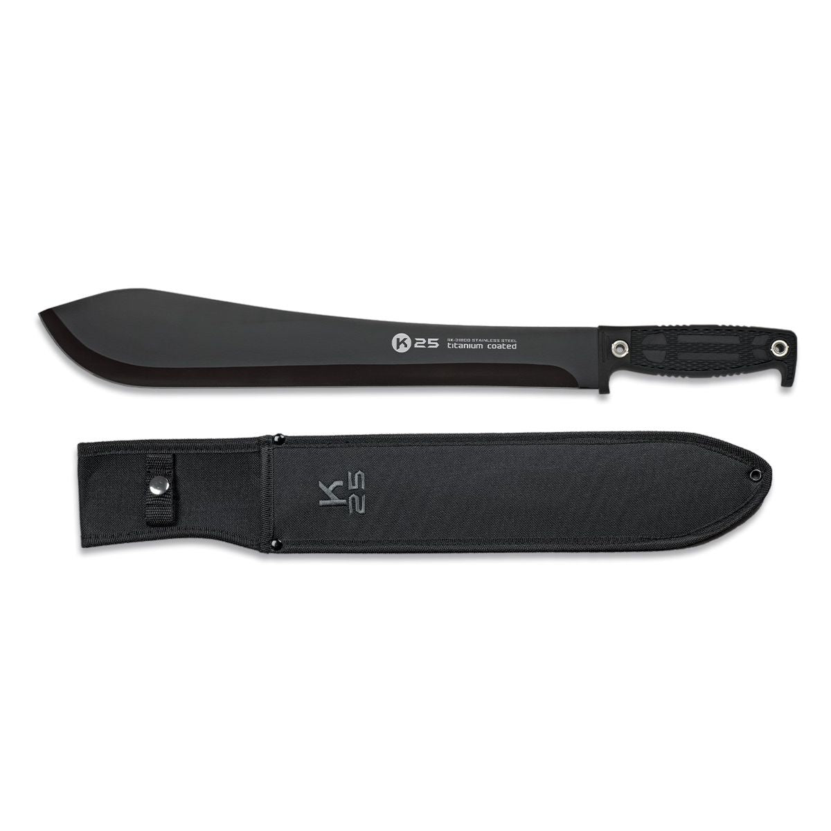 Machete K25 31800 con hoja de 36 cm en acero 440, recubrimiento titanio y empuñadura de goma, incluye funda