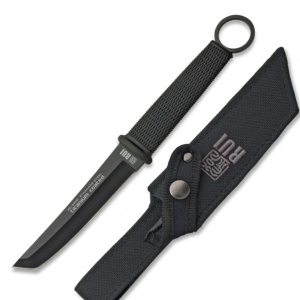 Cuchillo táctico tanto RUI 31891 negro, hoja de acero inoxidable recubierta de titanio y empuñadura gomosa