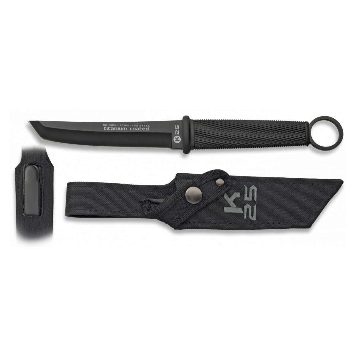 Cuchillo táctico tanto RUI 31891 negro, hoja de acero inoxidable recubierta de titanio y empuñadura gomosa