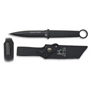 Daga táctica K25 negra con hoja doble y funda de nylon