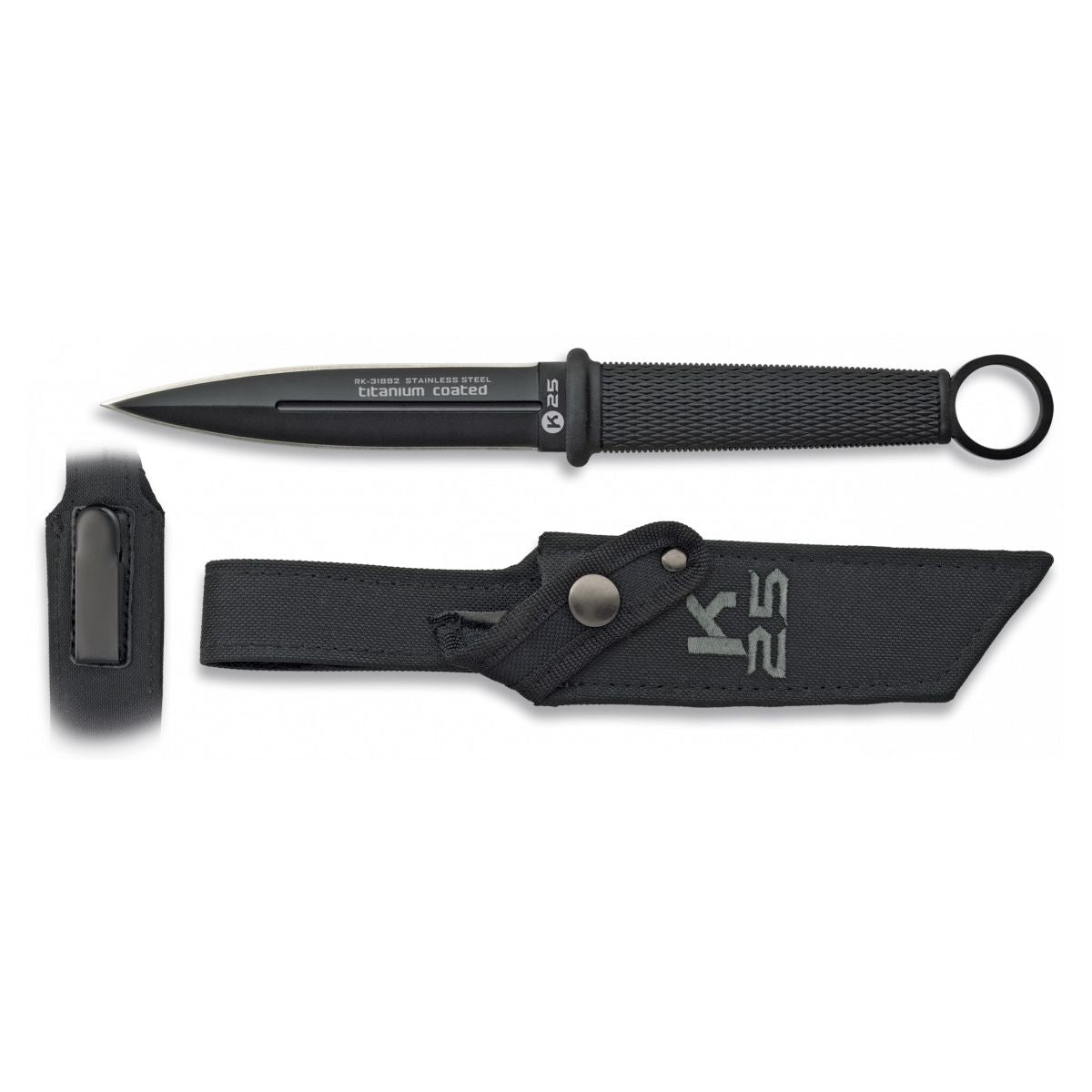 Daga táctica K25 negra con hoja doble y funda de nylon