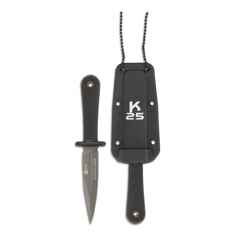 Daga de cuello K25 31898 negra con funda kydex y empuñadura plástica