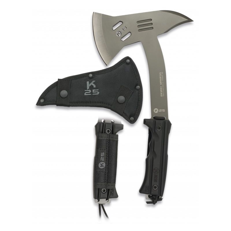 Hacha táctica K25 32023 con empuñadura antideslizante y funda