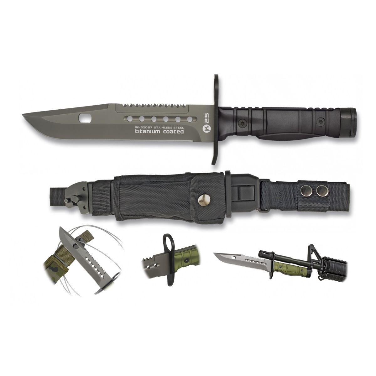 Cuchillo bayoneta K25 negro con funda y hoja de acero inoxidable con recubrimiento titanio