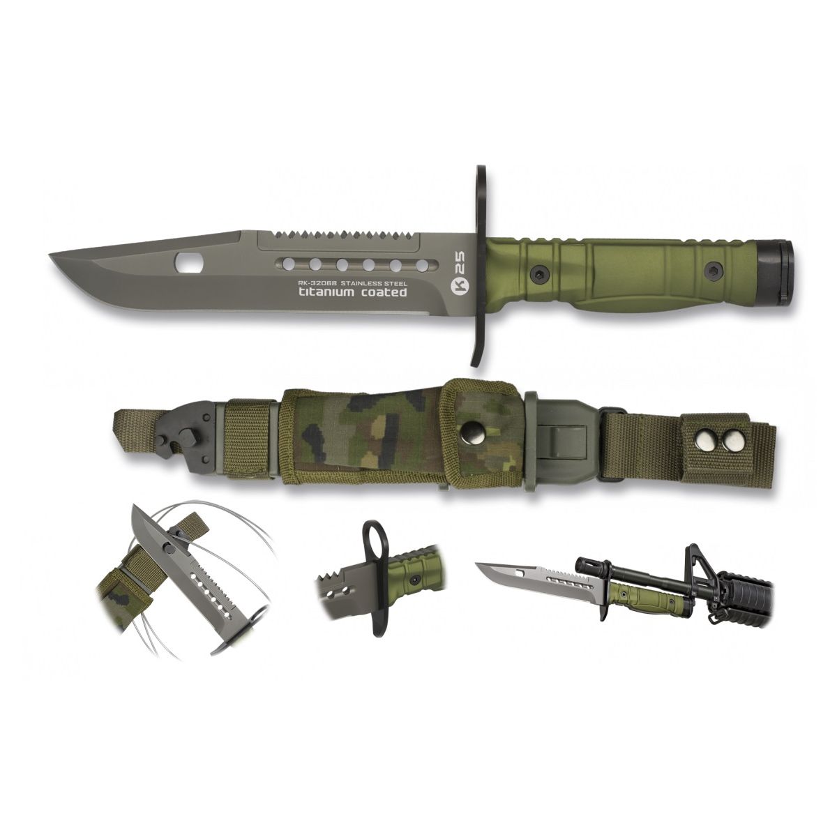 Cuchillo bayoneta K25 verde con funda, hoja acero inox con recubrimiento de titanio, mango aluminio con goma antideslizante