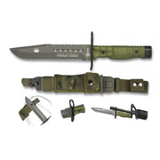 Cuchillo bayoneta K25 verde con funda, hoja acero inox con recubrimiento de titanio, mango aluminio con goma antideslizante