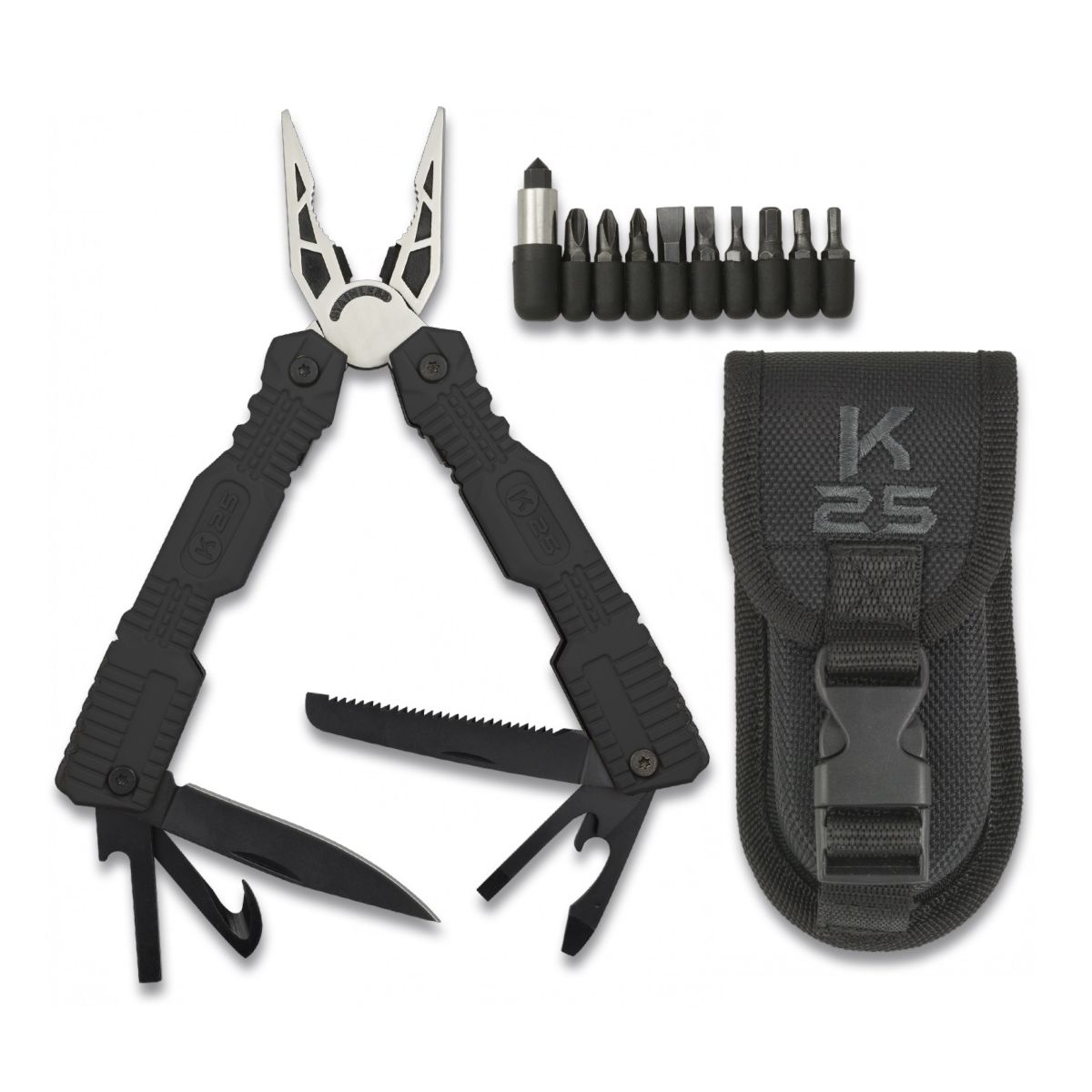 Alicates multifunción K25 33787 con cuchillo, sierra y funda de nylon