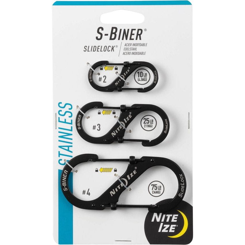 Set de 3 mosquetones en S de acero inoxidable negros (5 cm, 6,5 cm, 9 cm)