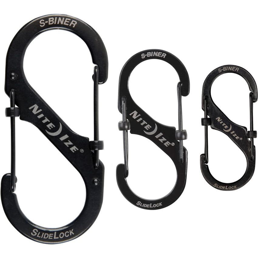 Set de 3 mosquetones en S de acero inoxidable negros (5 cm, 6,5 cm, 9 cm)