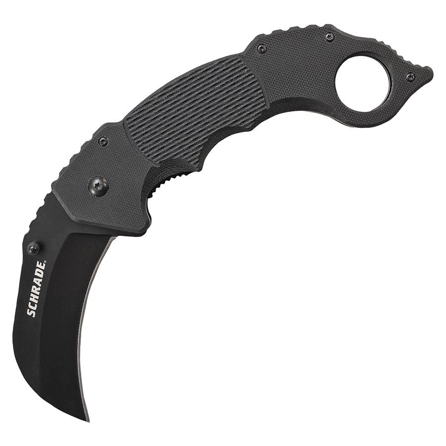 Navaja plegable karambit SCH110 con hoja negra y empuñadura G10 texturada