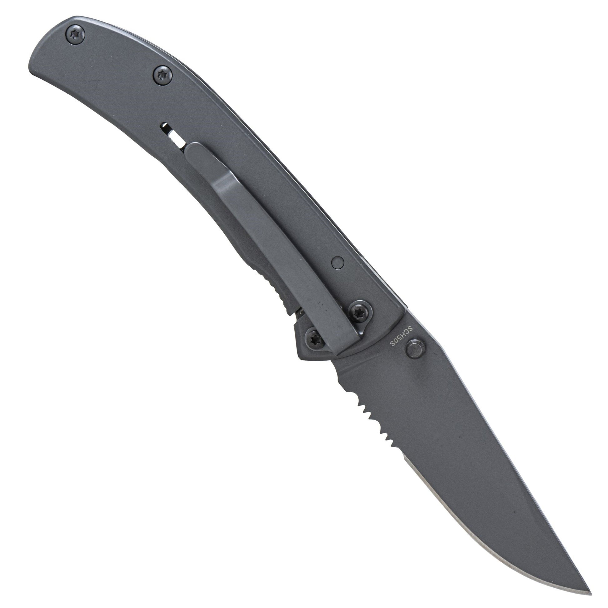 Navaja plegable Schrade SCH50SCP, hoja combinada 6,3 cm, acero carbono con acabado titanio, linerlock y clip de bolsillo