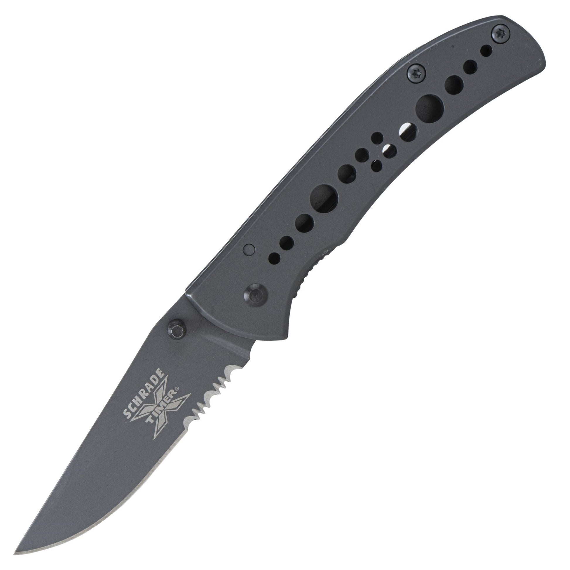 Navaja plegable Schrade SCH50SCP, hoja combinada 6,3 cm, acero carbono con acabado titanio, linerlock y clip de bolsillo