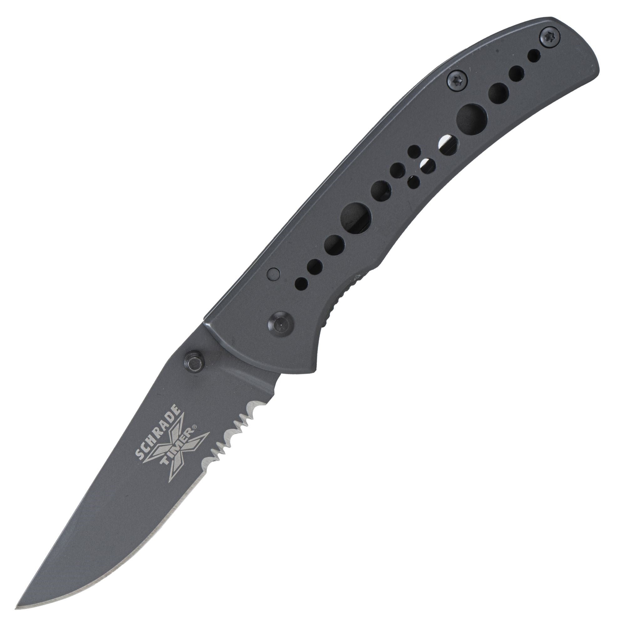 Navaja plegable Schrade SCH50SCP, hoja combinada 6,3 cm, acero carbono con acabado titanio, linerlock y clip de bolsillo