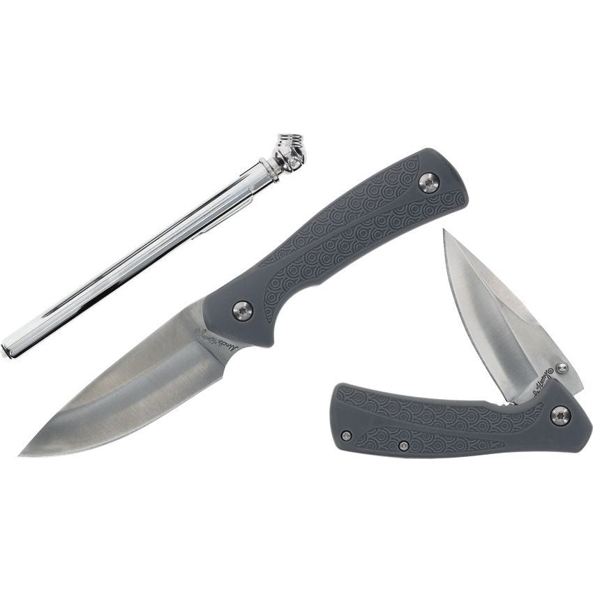 Set UNCLE HENRY 4 piezas: navaja, cuchillo fijo, funda y manómetro en caja metálica