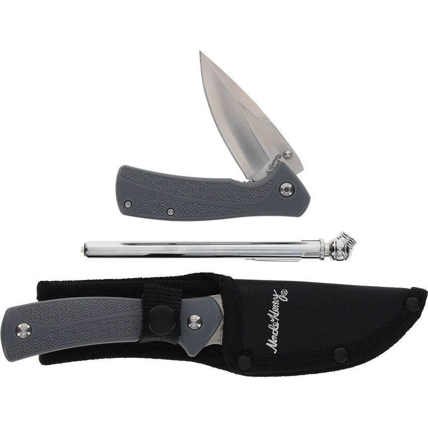 Set UNCLE HENRY 4 piezas: navaja, cuchillo fijo, funda y manómetro en caja metálica